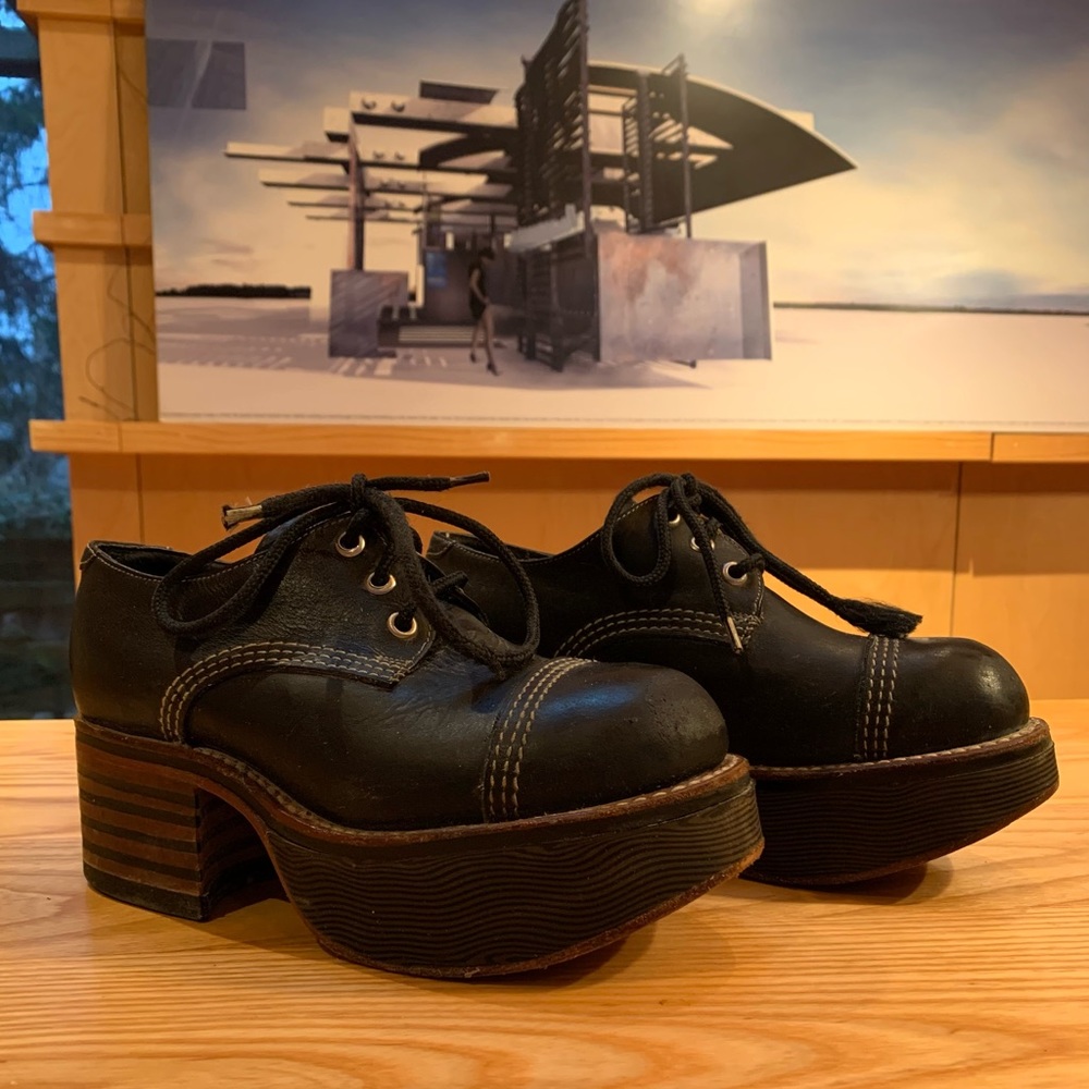 Vintage 90s Black Leather Platform Shoes by Nana size 6 flawed item